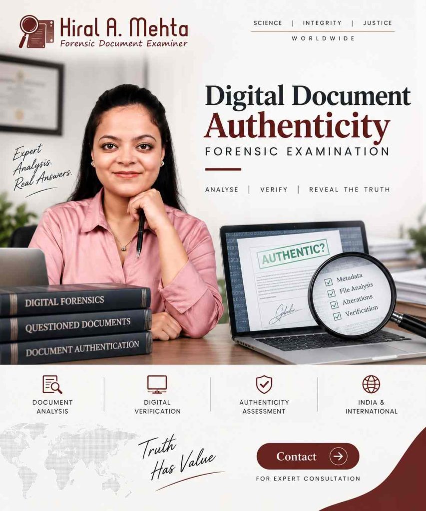 Digital document authenticity and forensic examination by a forensic document expert