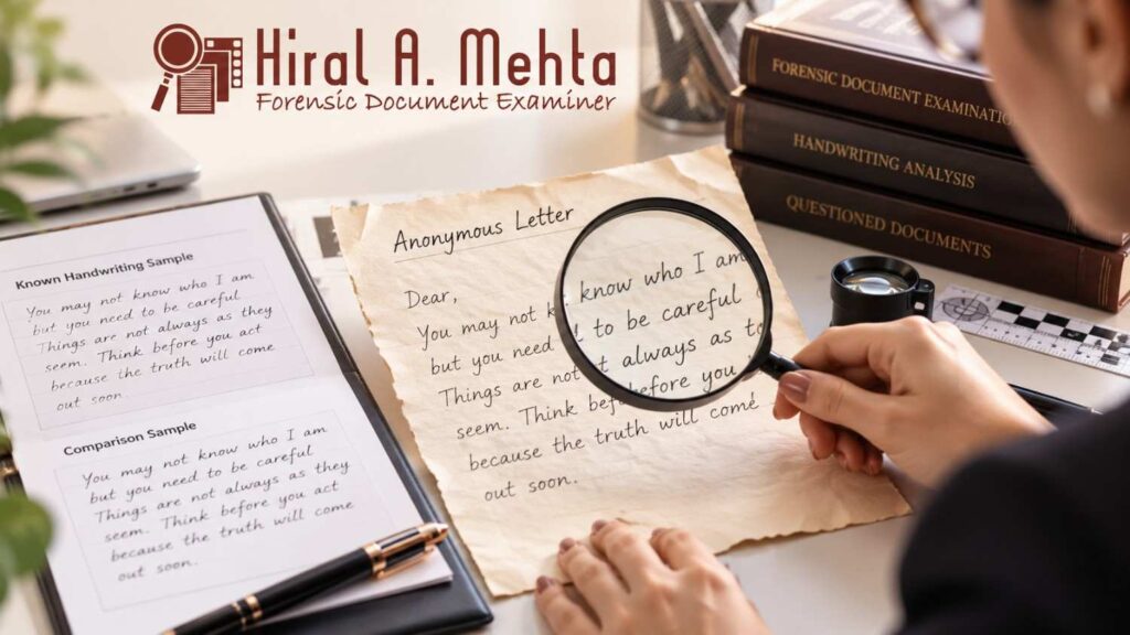 Anonymous letter handwriting analysis by a forensic document examiner