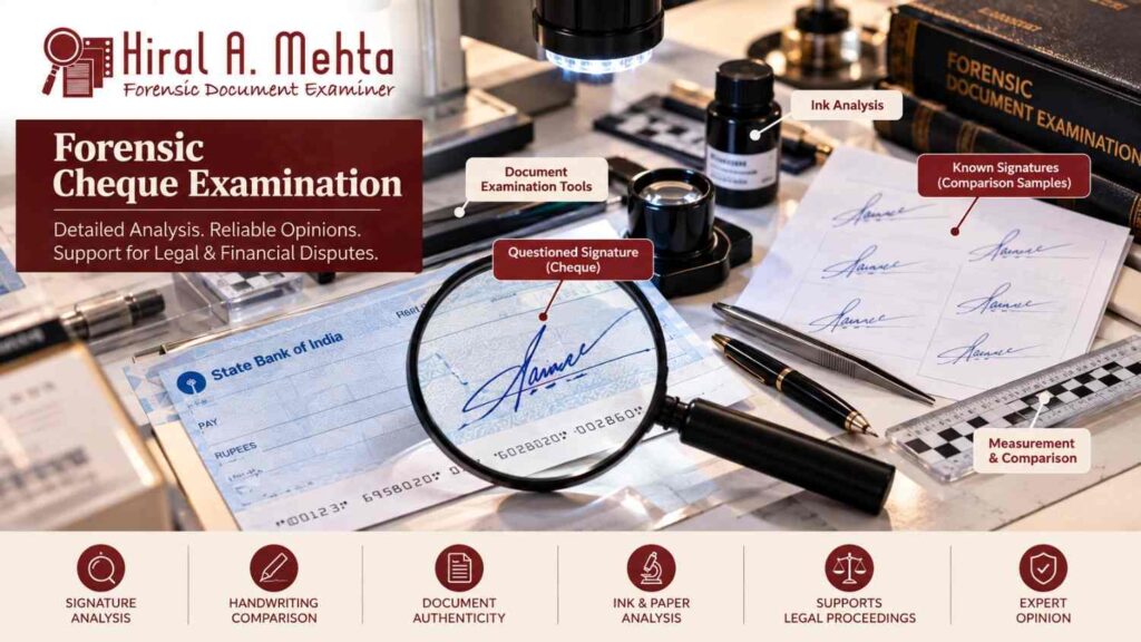 Forensic document examiner analysing a cheque signature