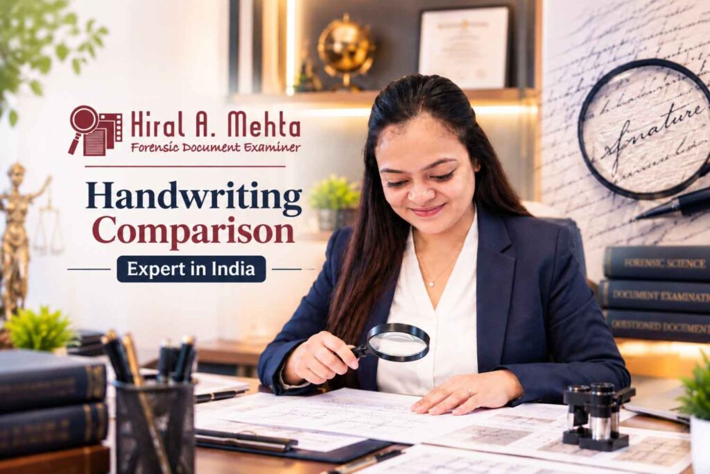 Handwriting matching expert comparing questioned and known handwriting samples in India