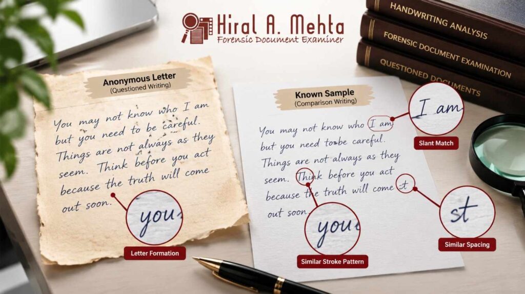 Handwriting comparison of anonymous letter and known writing sample