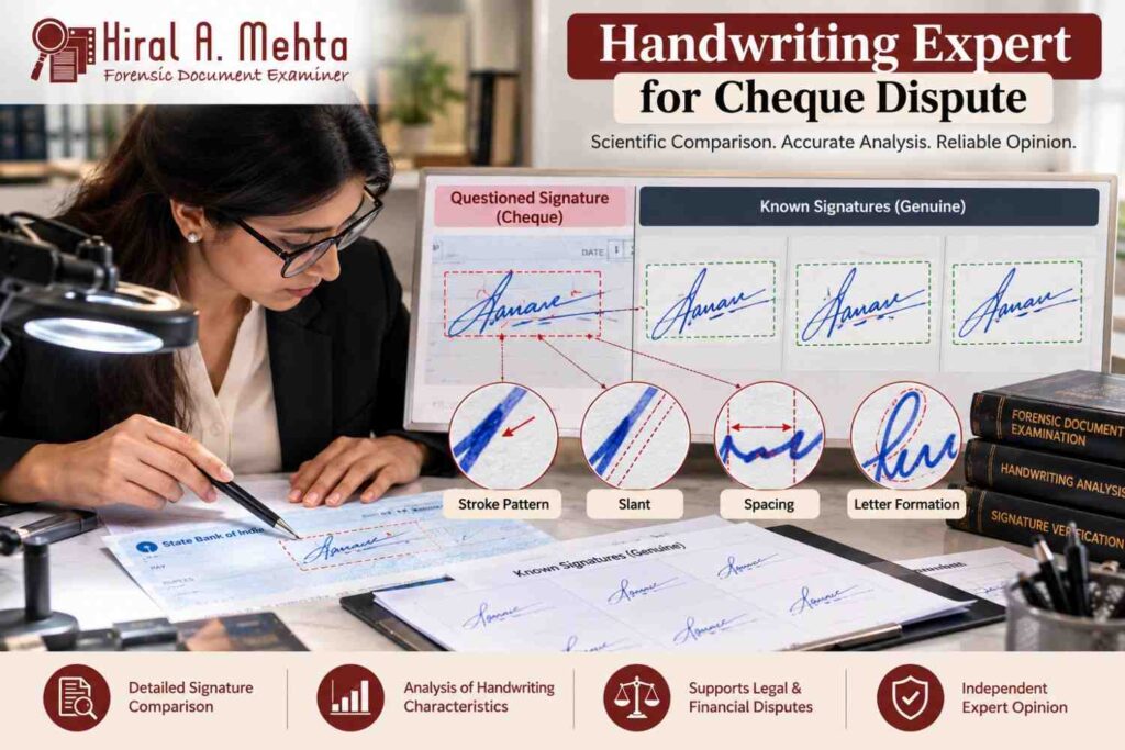 Handwriting expert comparing cheque signatures for forgery