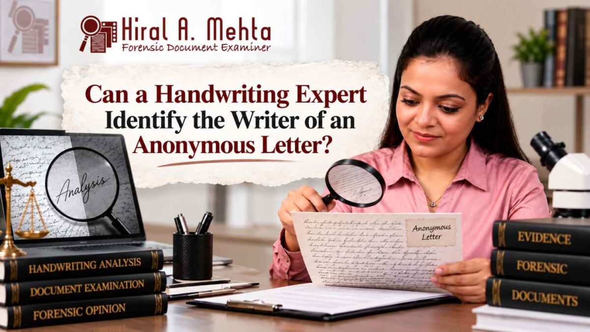 Handwriting expert examining an anonymous letter for writer identification