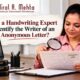 Handwriting expert examining an anonymous letter for writer identification
