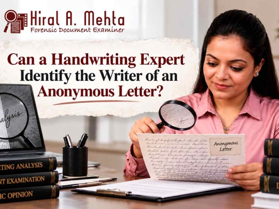 Handwriting expert examining an anonymous letter for writer identification